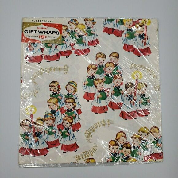 Vintage MCM Christmas Gift Wrapping Paper Wrap Children Carolers Choir Ben Mont - Picture 1 of 10